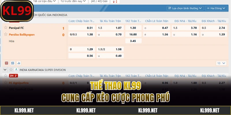 Kèo thể thao KL99 nhiều hình thức, tỷ lệ ăn cao
